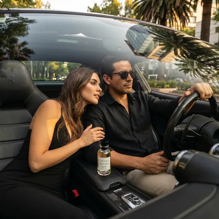 Pareja elegante con perfume Givora en un ambiente sofisticado